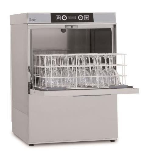 Una lavastoviglie in acciaio inox con i bicchieri dentro