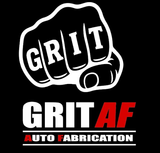 White fist with "GRIT" in the knuckles, above "GRIT AF AUTO FABRICATION" on black background.