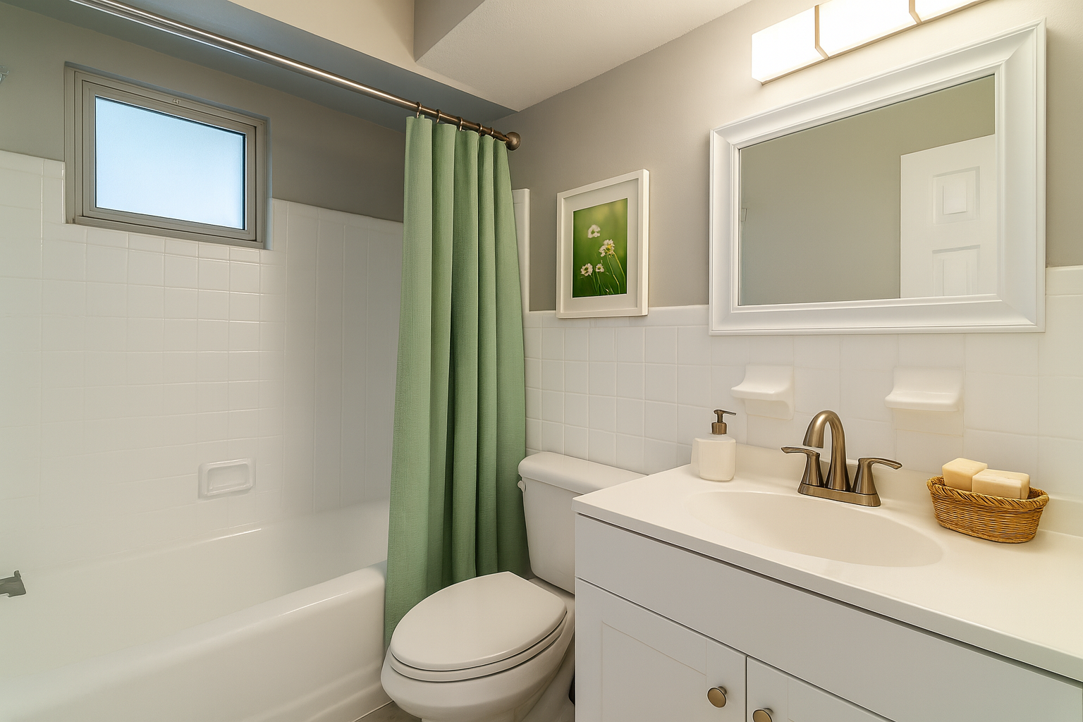 Bathroom with white tub, sink, and toilet; sage green shower curtain and framed art.