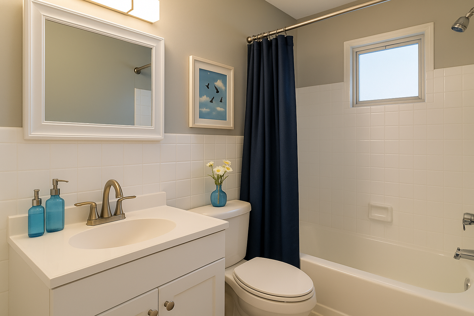 White bathroom with blue accents: vanity, toilet, and shower with blue curtain.