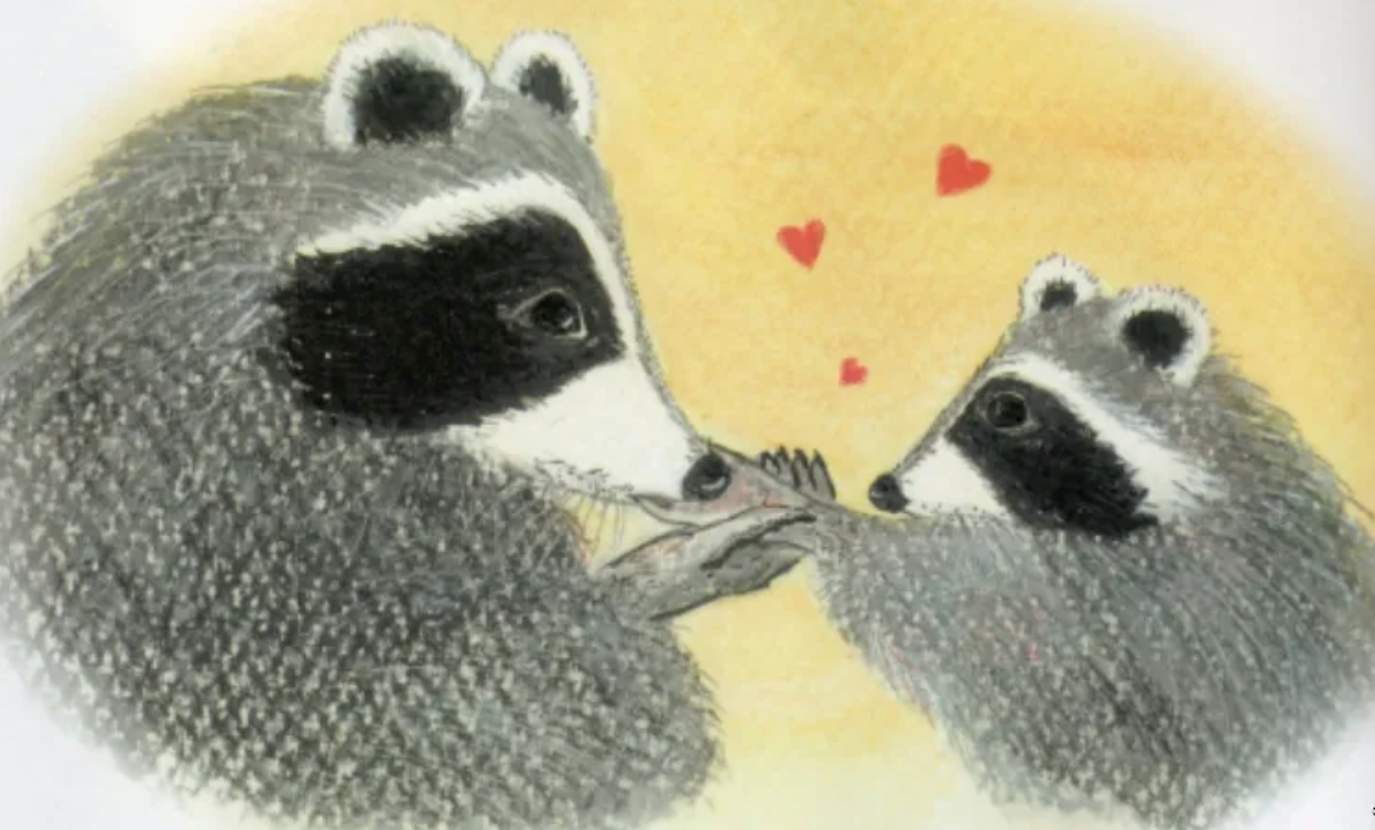 Cartoon raccons with hearts