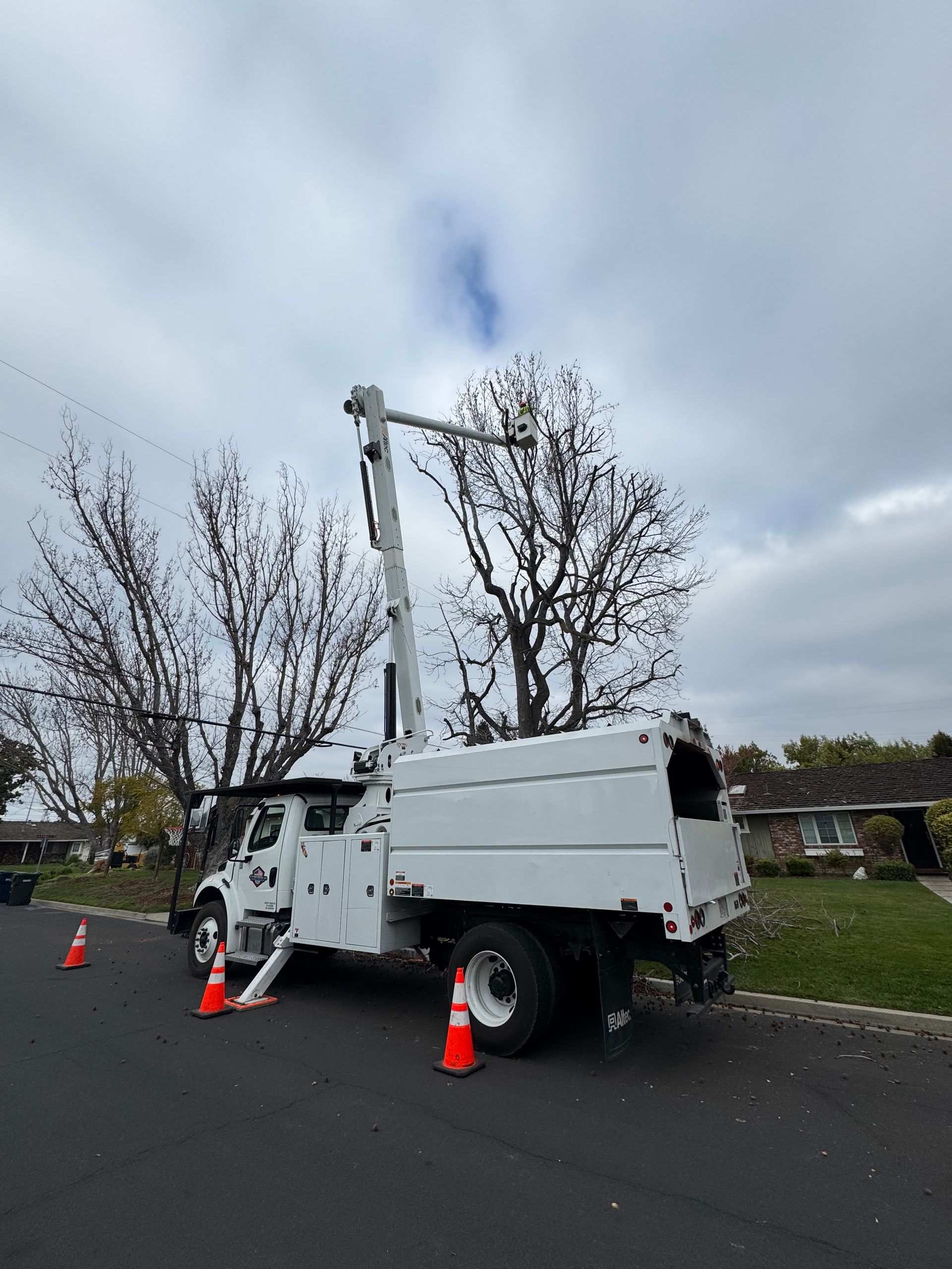 A white utility truck with an extended boom arm is parked on a suburban street with orange traffic cones around it.