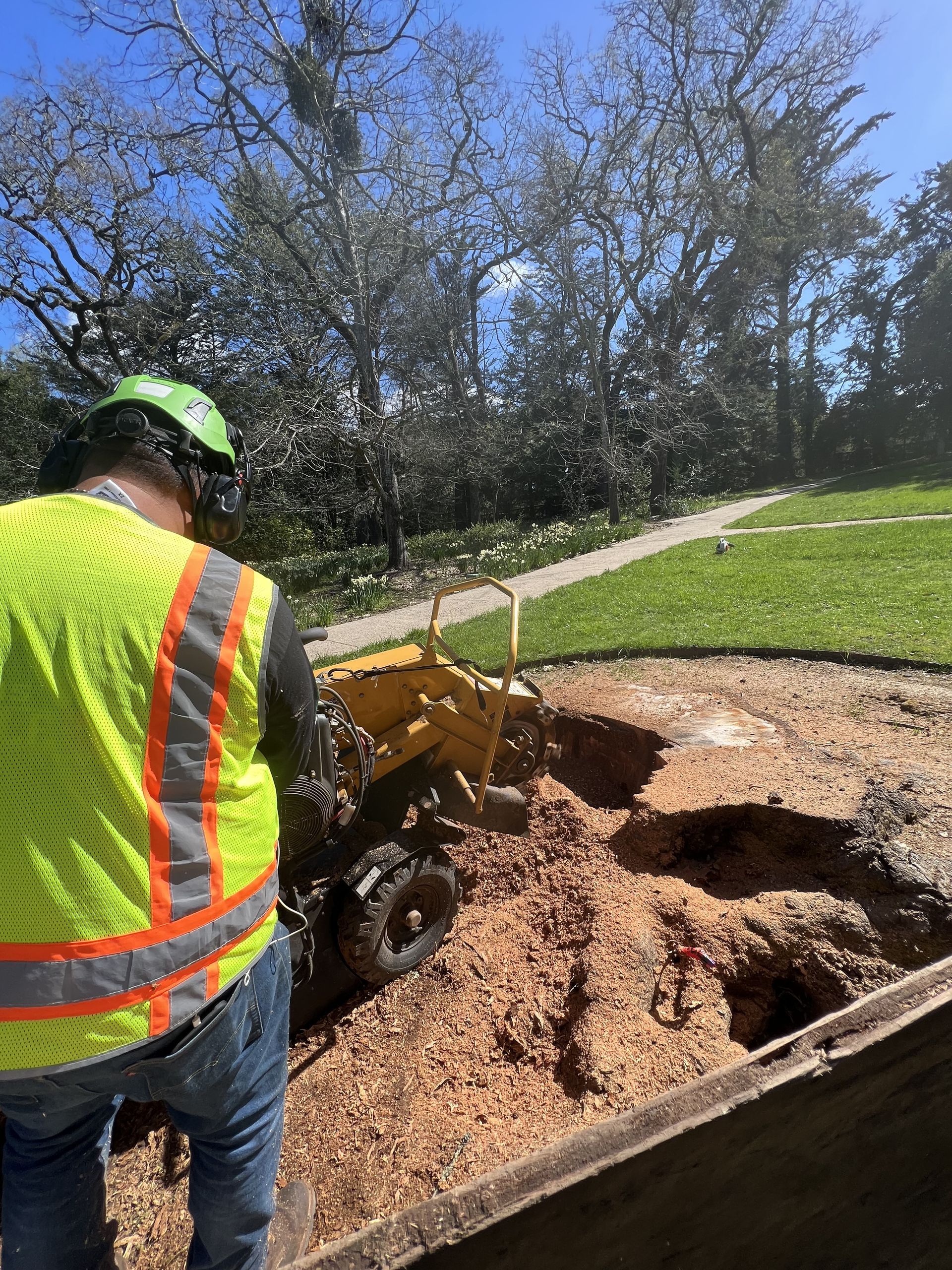 Worker in a neon safety vest and helmet using a small excavator to clear a dirt sinkhole beside a grassy path.