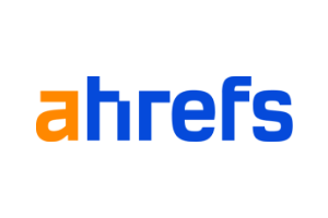 a blue and orange logo for ahrefs on a white background