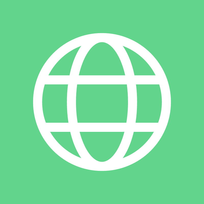 A white globe icon on a green background.