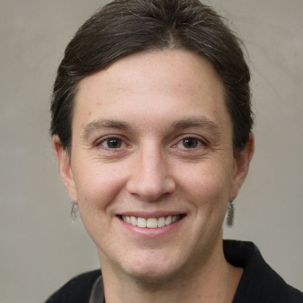 A woman wearing a black jacket and earrings is smiling for the camera.