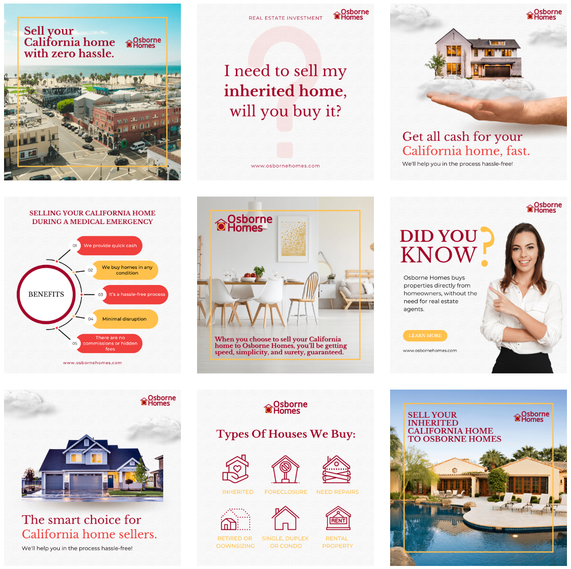 A collage of real estate advertisements with a woman holding a house in her hand.