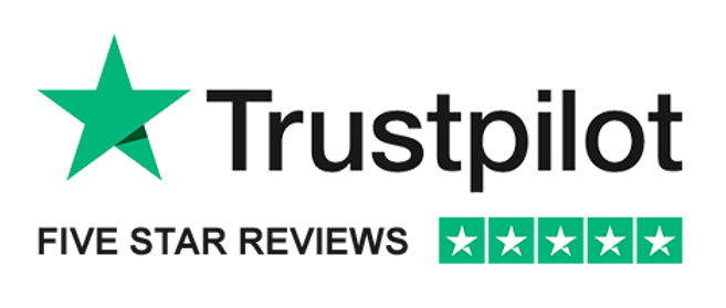 The trustpilot logo has a green star and five star reviews.