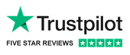 The trustpilot logo has a green star and five star reviews.