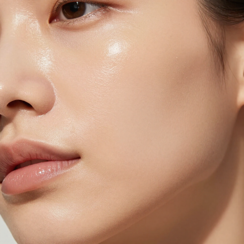 Primer plano del rostro de una persona con piel luminosa y maquillaje natural, iluminado suavemente sobre un fondo neutro.