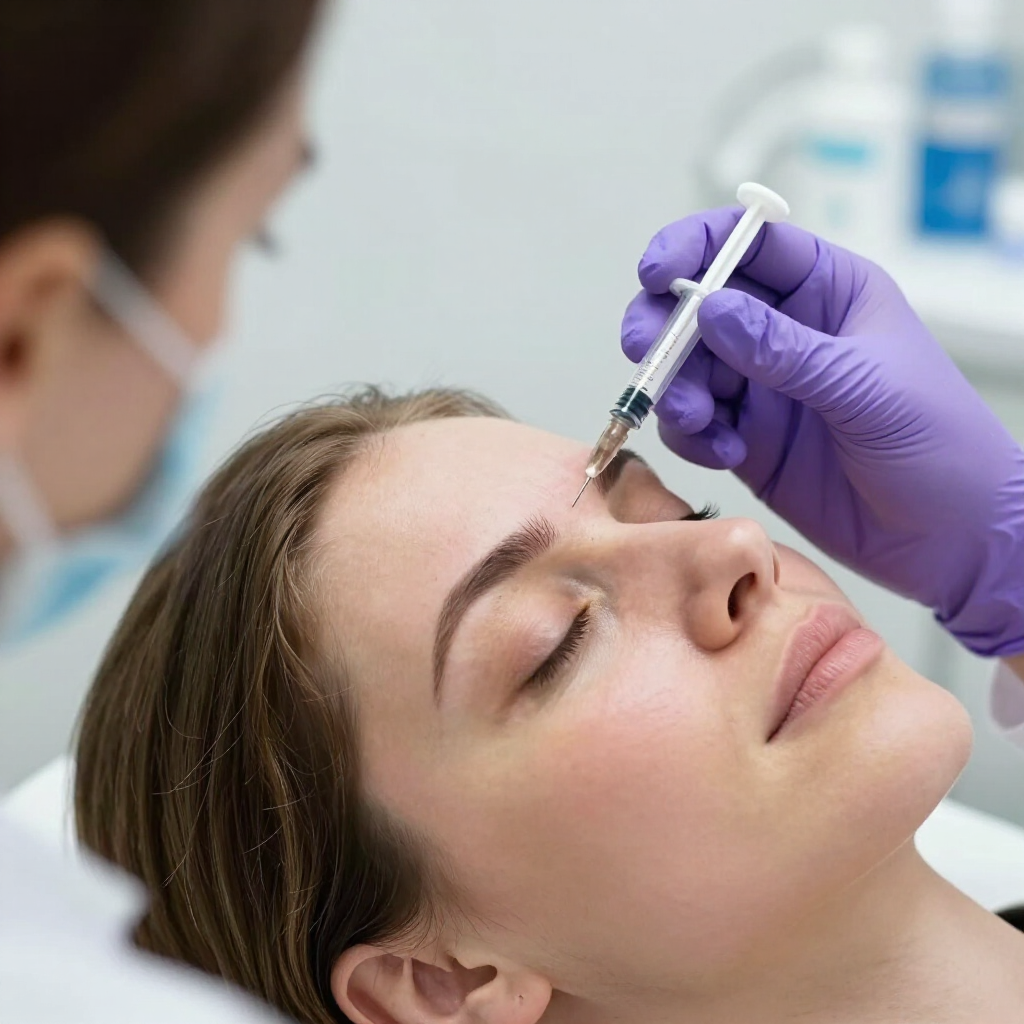 Un profesional sanitario con guantes inyecta a una mujer en la frente con una jeringa en una sala de tratamientos cosméticos.