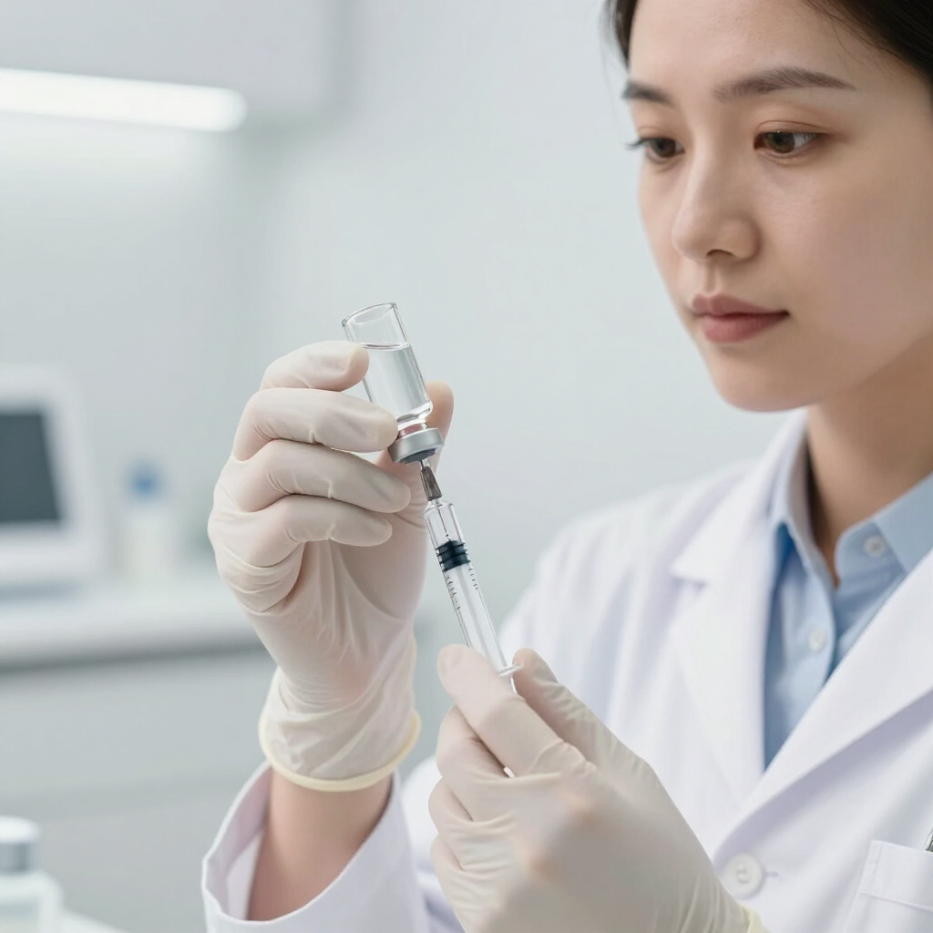 Científico con bata blanca y guantes sosteniendo una jeringa en un laboratorio bien iluminado.