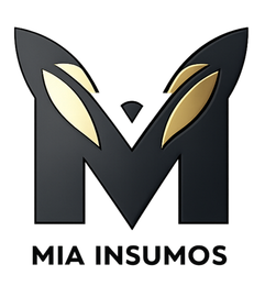 Logotipo M estilizado en negro y dorado con el texto “MIA INSUMOS” debajo.