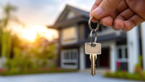 A person is holding a key in front of a house.