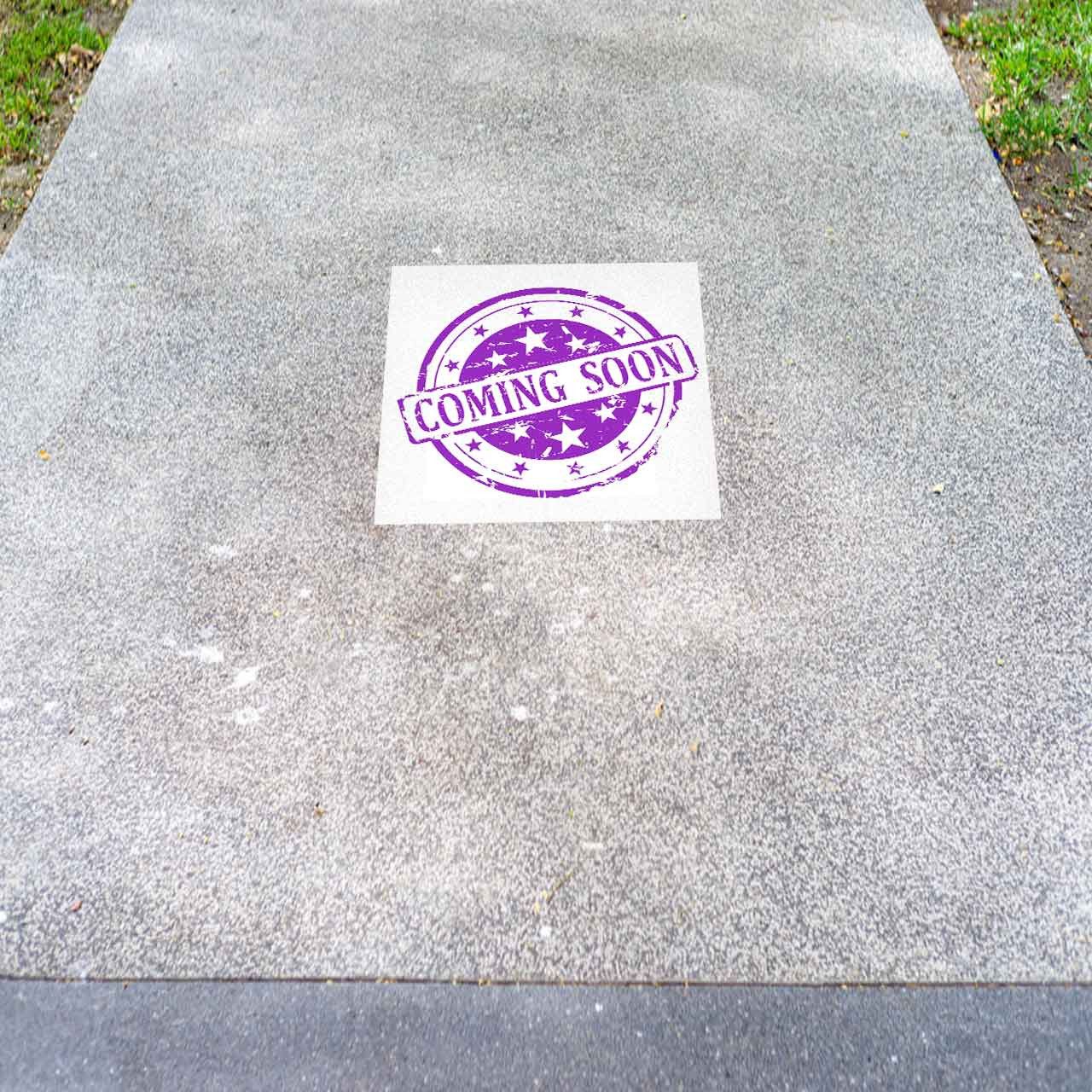 A purple and white sign that says coming soon