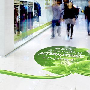 A green leaf with the words eco friendly alternatives in store on it
