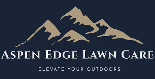 Logo for Aspen Edge Lawn Care: mountains in tan over dark blue with company name and tagline.