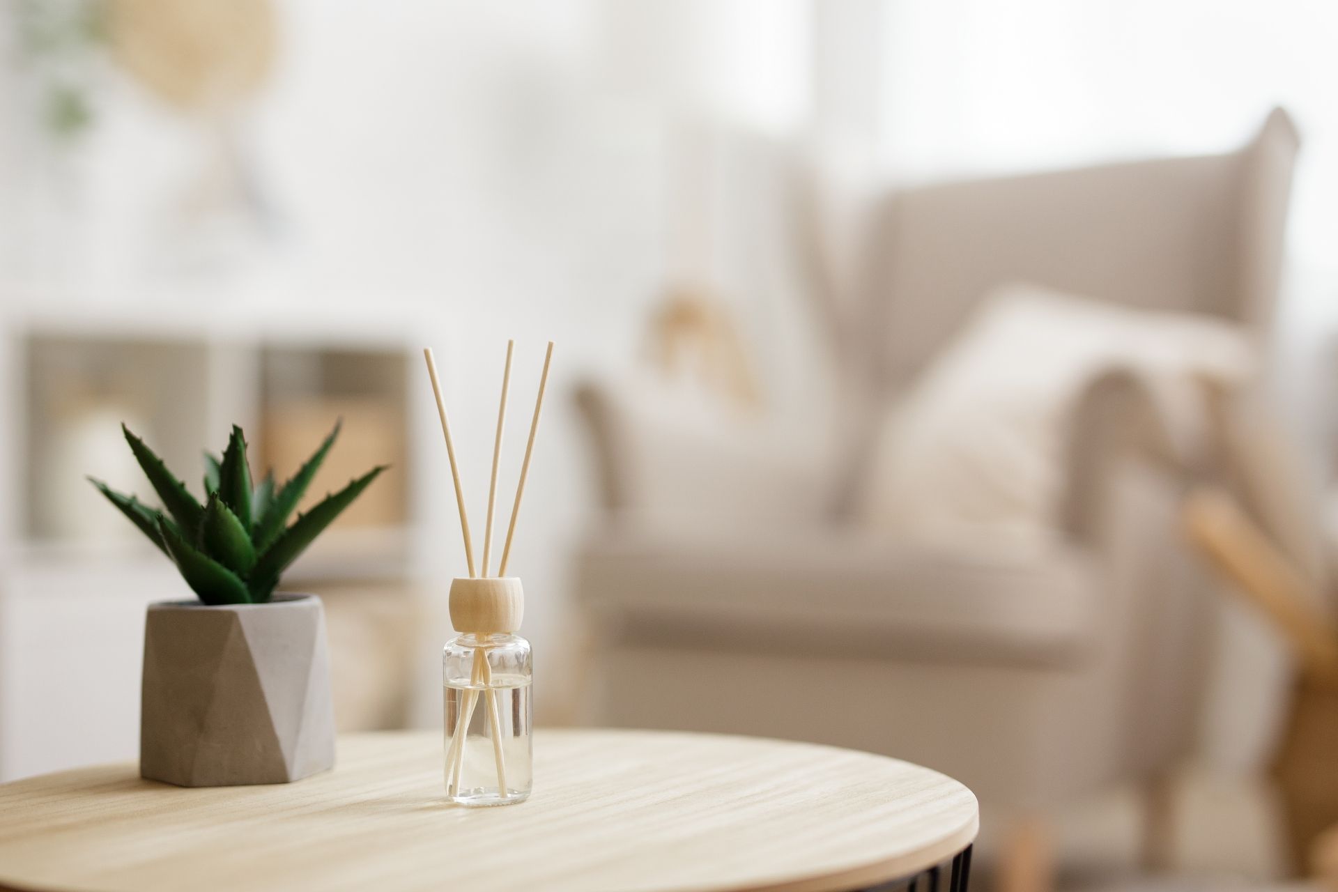 Round wooden table with a succulent plant, reed diffuser, and blurred armchair in the background.