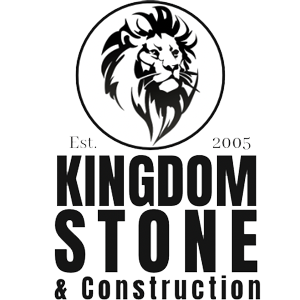 A black and white logo for kingdom stone and construction