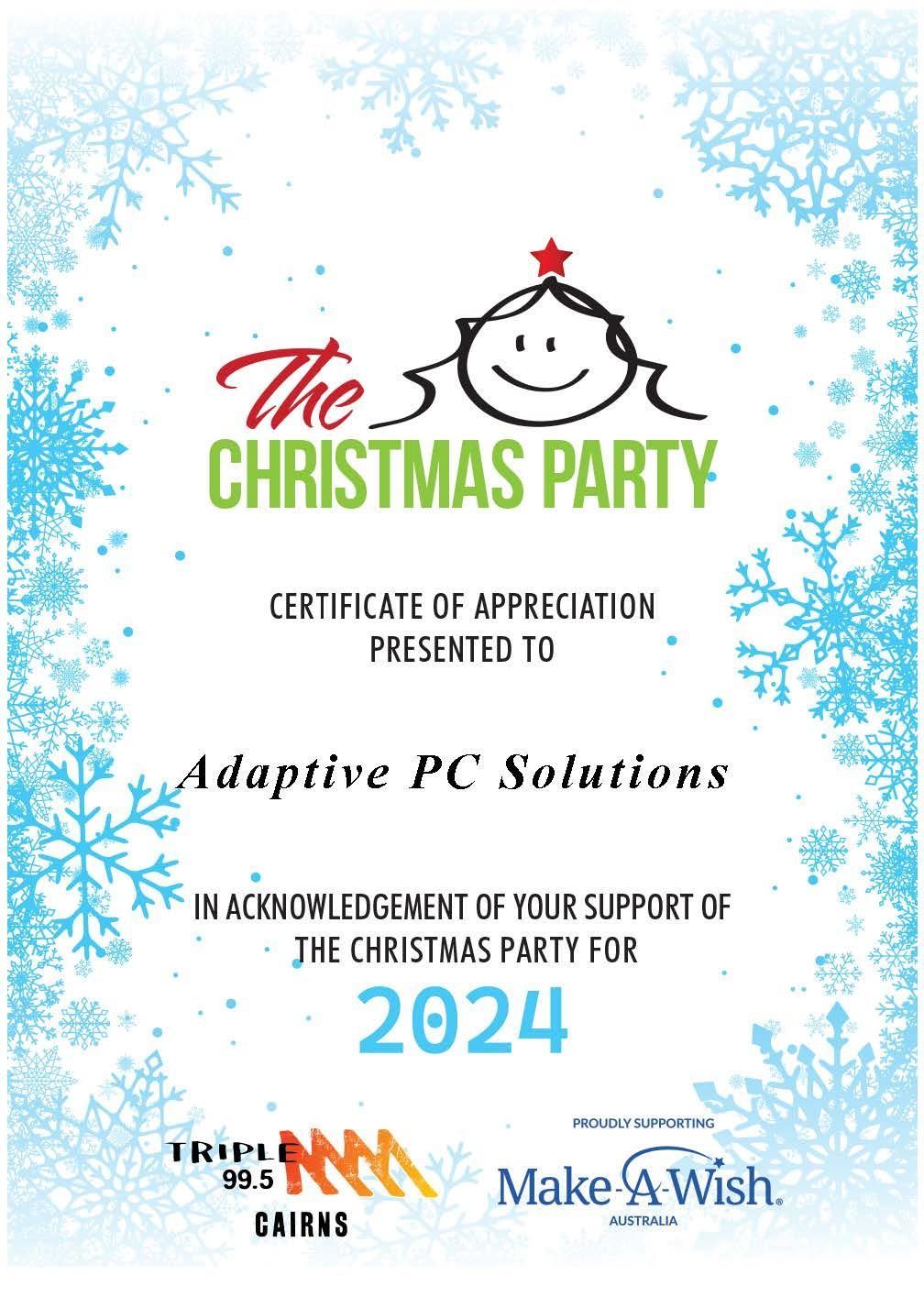 A Certificate Of Appreciation For The Christmas Party Presented To Adaptive Pc Solutions — Adaptive PC Solutions in Manoora, QLD