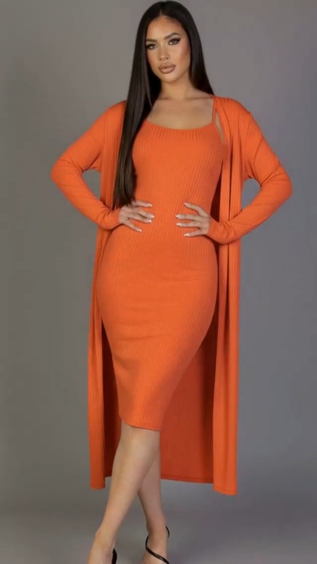 Ribbed Cardigan & Cami Midi Bodycon Dress
