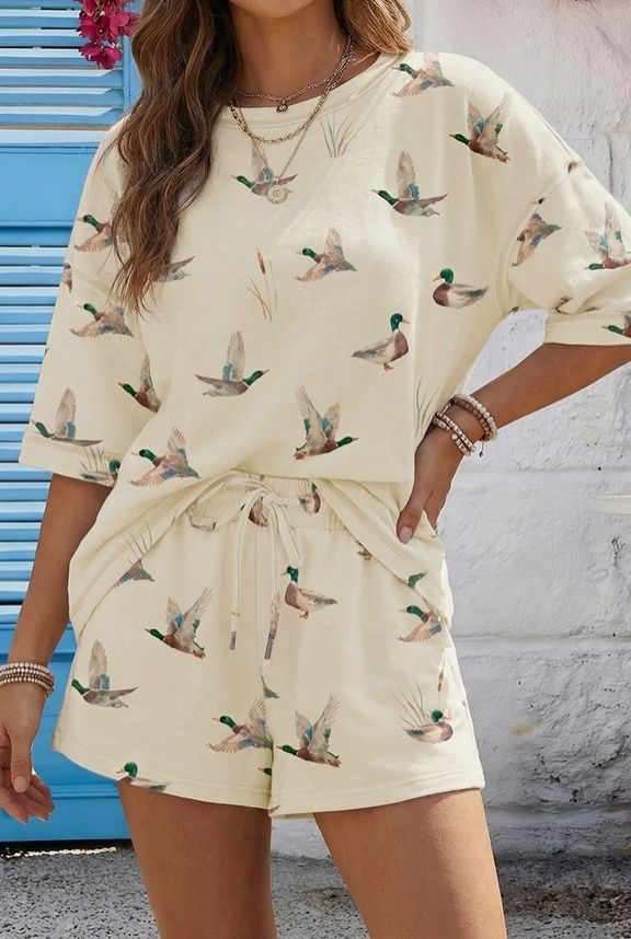Mallard Duck Print Oversized Tee Drawstring Short Set
