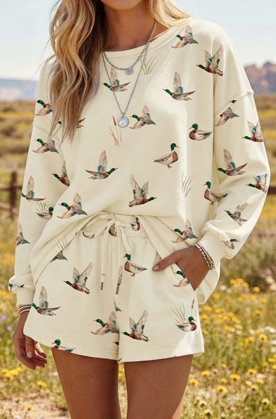 Mallard Duck Print Oversized Tee Drawstring Short Set