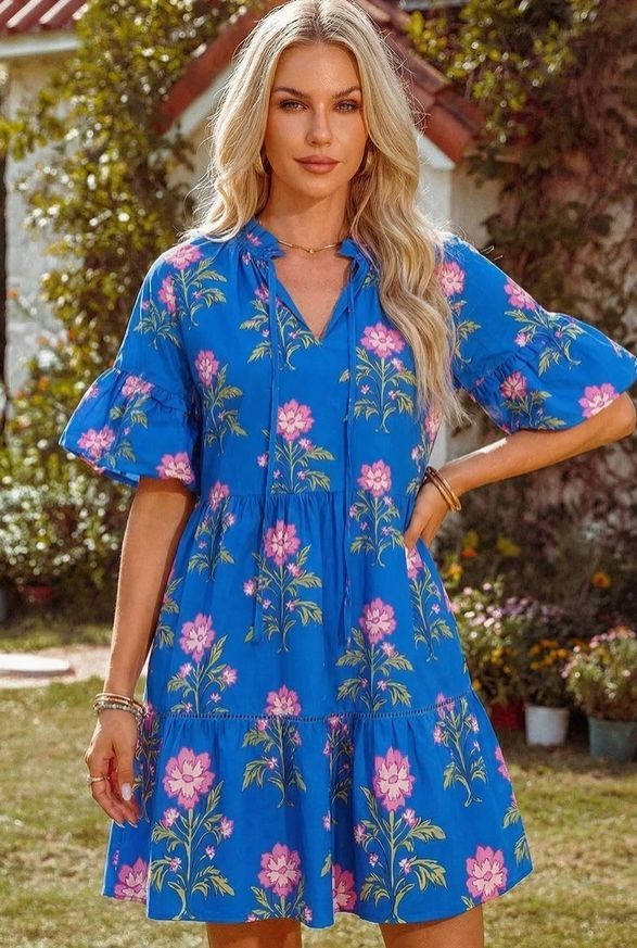 2026 V Neck Short Sleeve Loose Flower Dress
