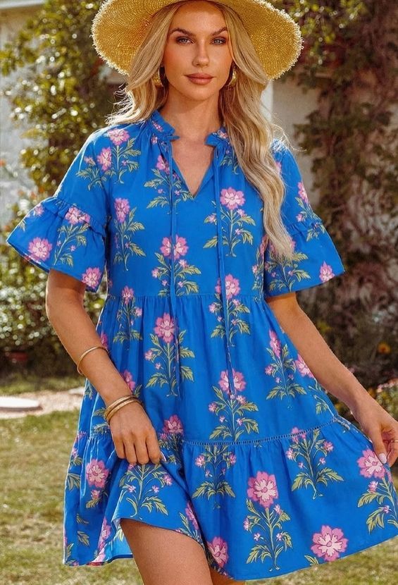2026 V Neck Short Sleeve Loose Flower Dress