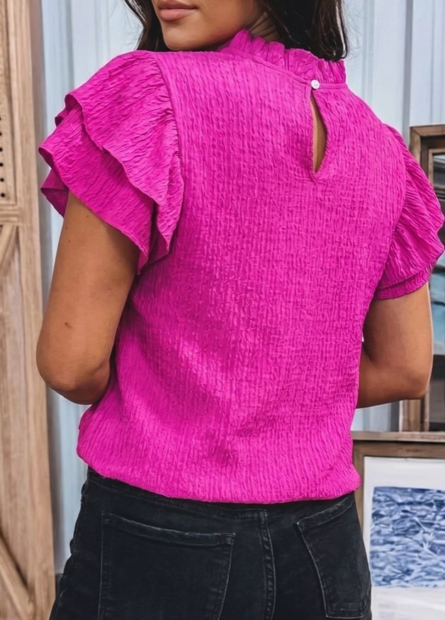 Textured Ruffle Trim Short Sleeve Blouse