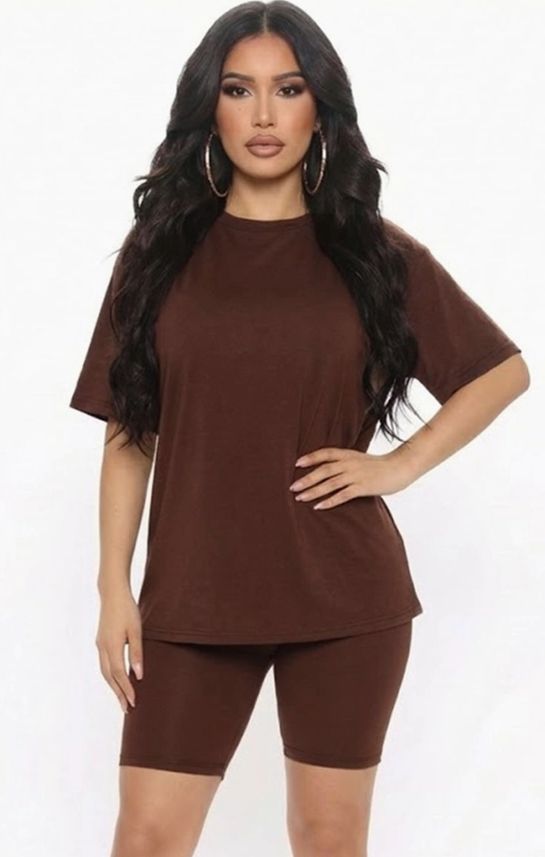 Loose Fit Top & Bike Shorts Set- color Coffee