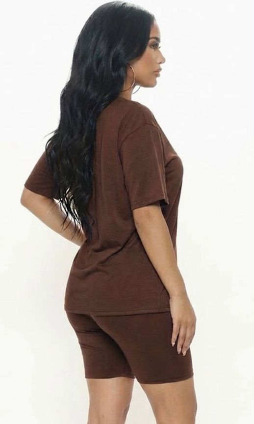 Loose Fit Top & Bike Shorts Set- color Coffee