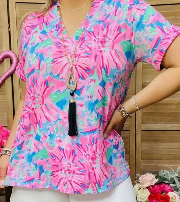 Short Sleeve W/Fold Trim V-Neckline Women Tops