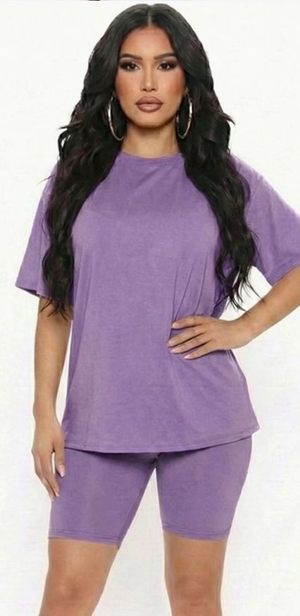 Loose Fit Top & Bike Shorts Set- Color Grape