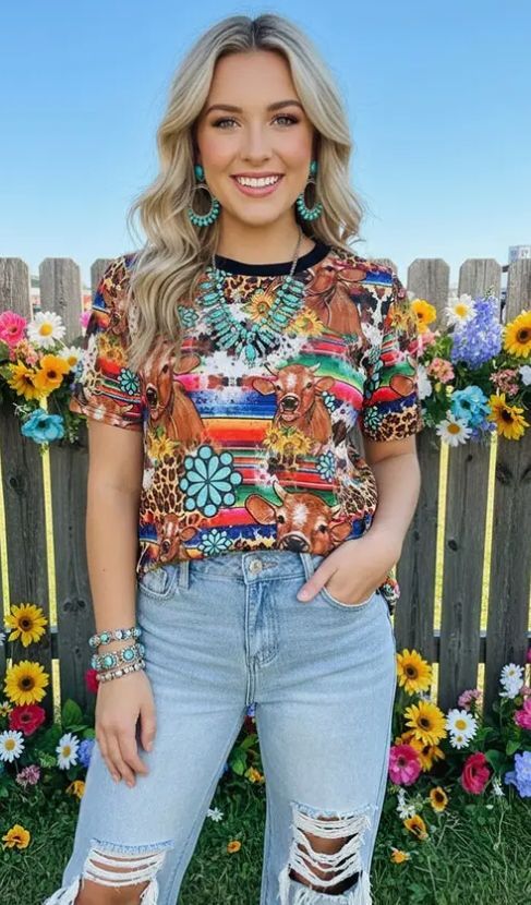 Serape & Cow Jewels Printed W/Short Sleeve T-Shirt