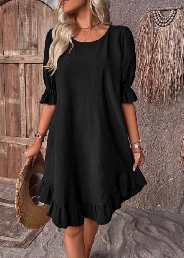 Vintage Mid-Sleeved Crewneck Loose Hem Dress