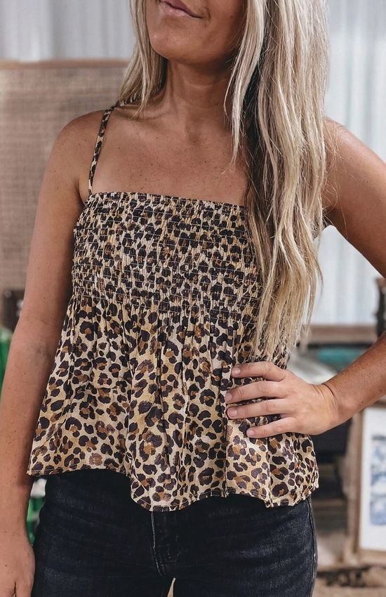 Western Leopard Spaghetti Straps Shirred Ruffle Tank Top