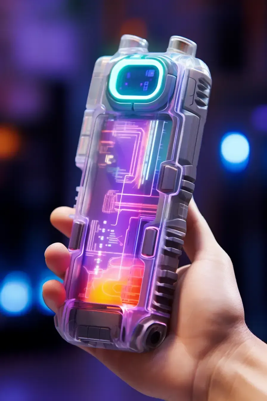 A woman in a lab coat is wearing a virtual reality headset.