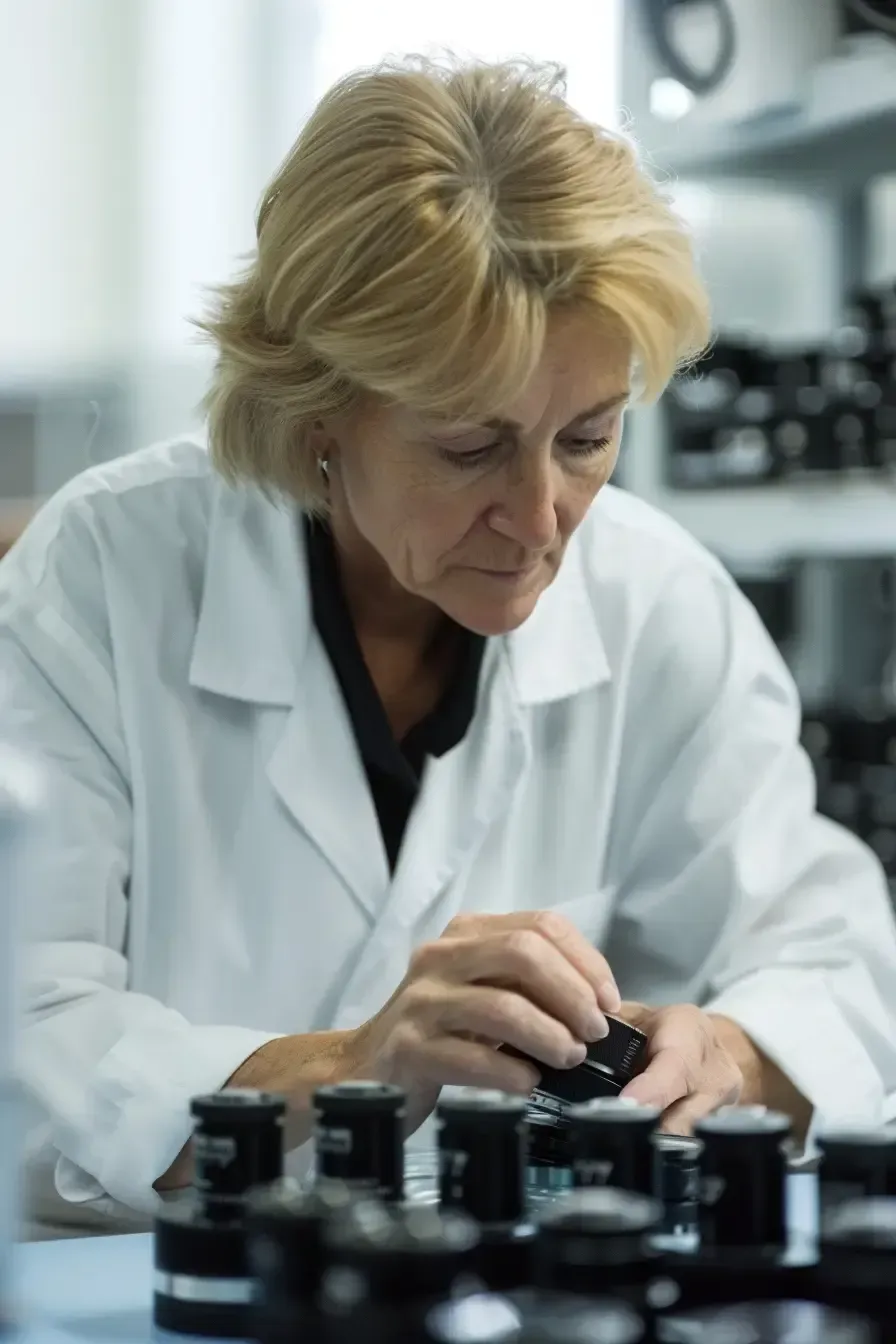 A woman in a lab coat is looking through a magnifying glass