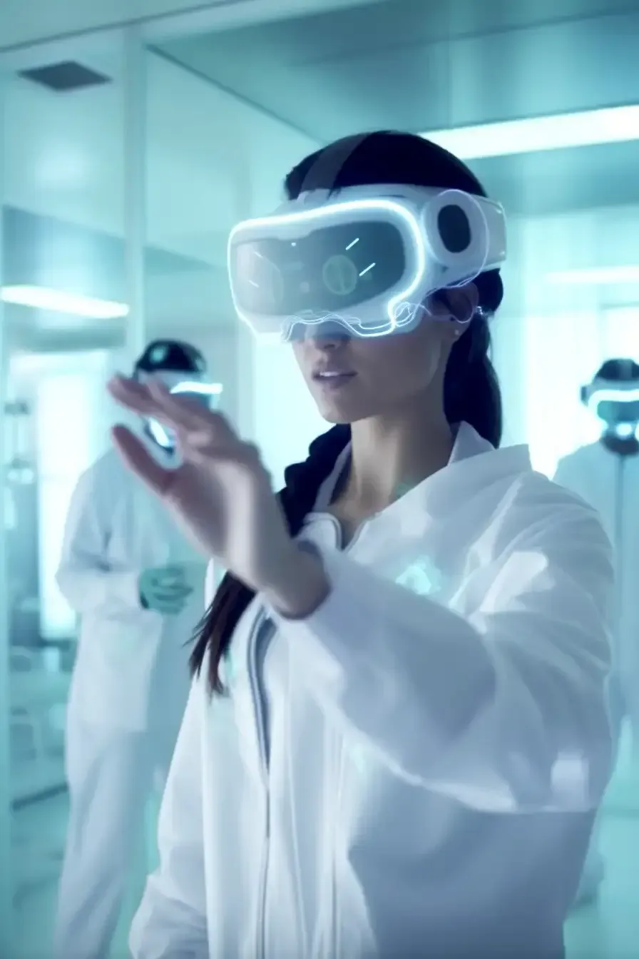 A woman in a lab coat is wearing a virtual reality headset.