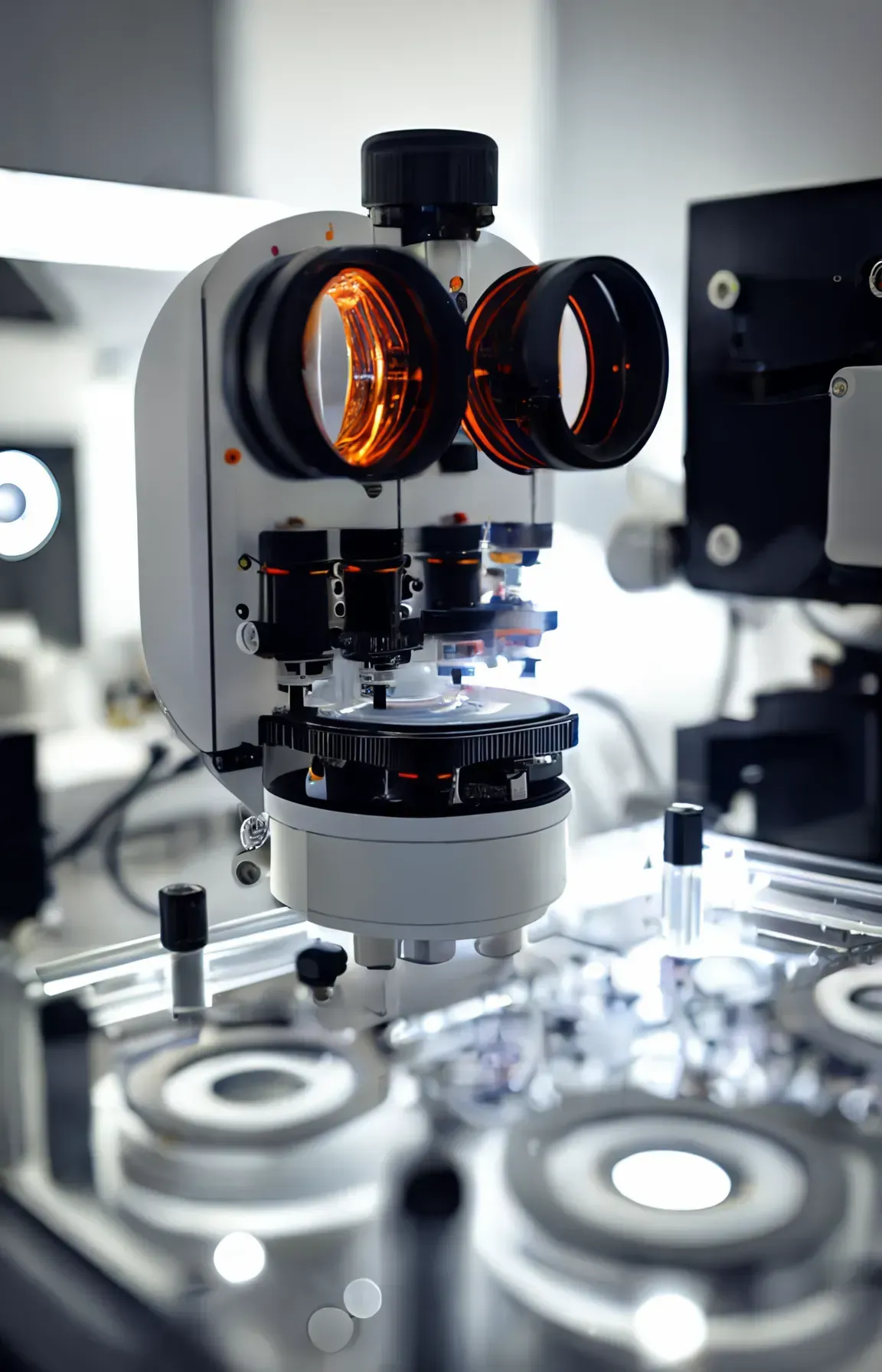 A microscope is sitting on top of a table in a laboratory.