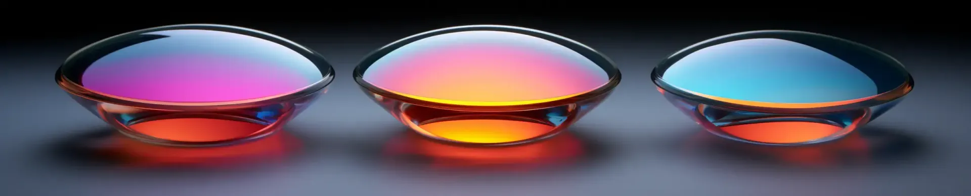 Three different colored glass balls are sitting next to each other on a table.
