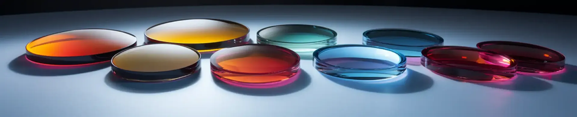 There are many different colored lenses on the table.