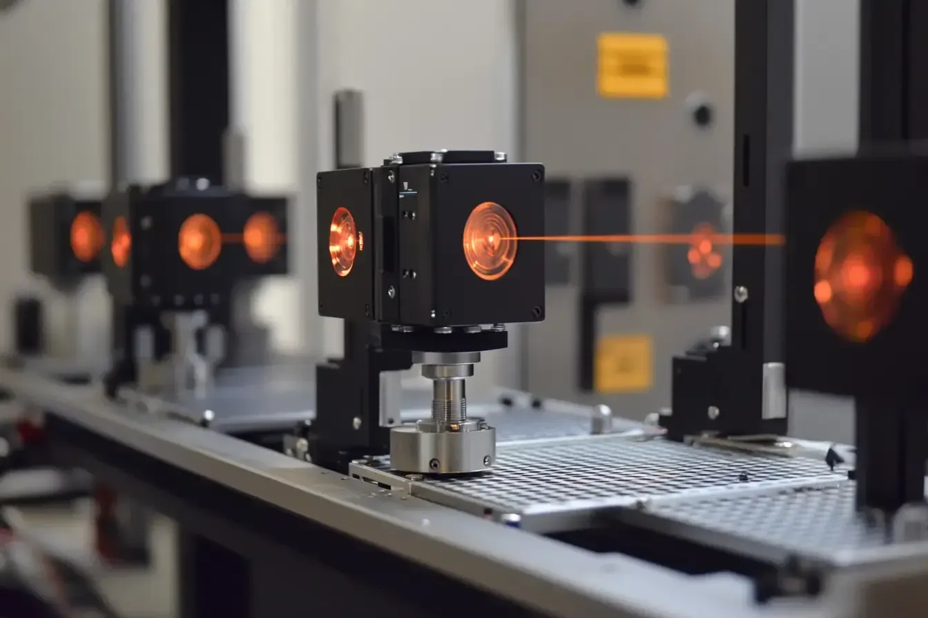 A close up of a machine with a red light coming out of it.