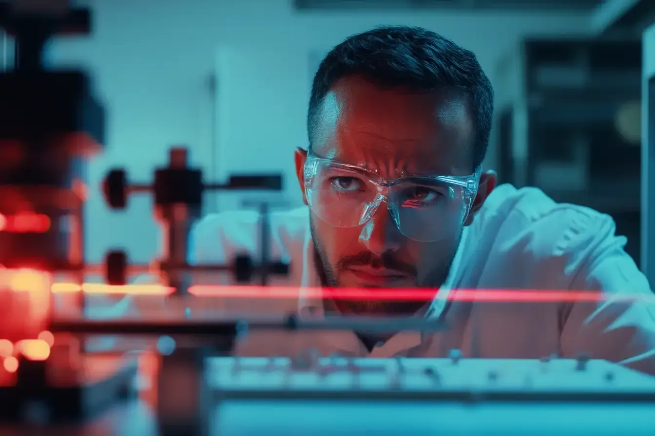 A man wearing glasses is looking at a computer screen in a laboratory.