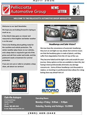 Pellicciotta Automotive Group newsletter: people, text, logos, and QR code, promoting automotive services. | AUTOPRO Oakville