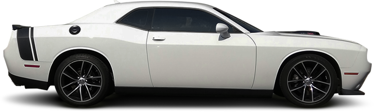 White Dodge Challenger with black racing stripes on the side | CARSTAR Oakville West