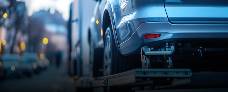 A silver SUV is on a tow truck in an urban setting | CARSTAR Oakville West