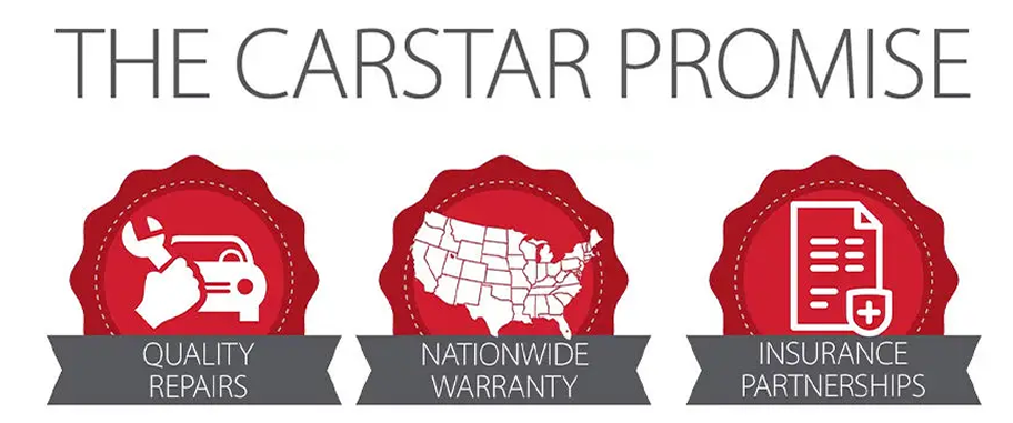 The Carstar Promise graphic: Quality repairs, nationwide warranty, and insurance partnerships shown with icons in red seals | CARSTAR Oakville West