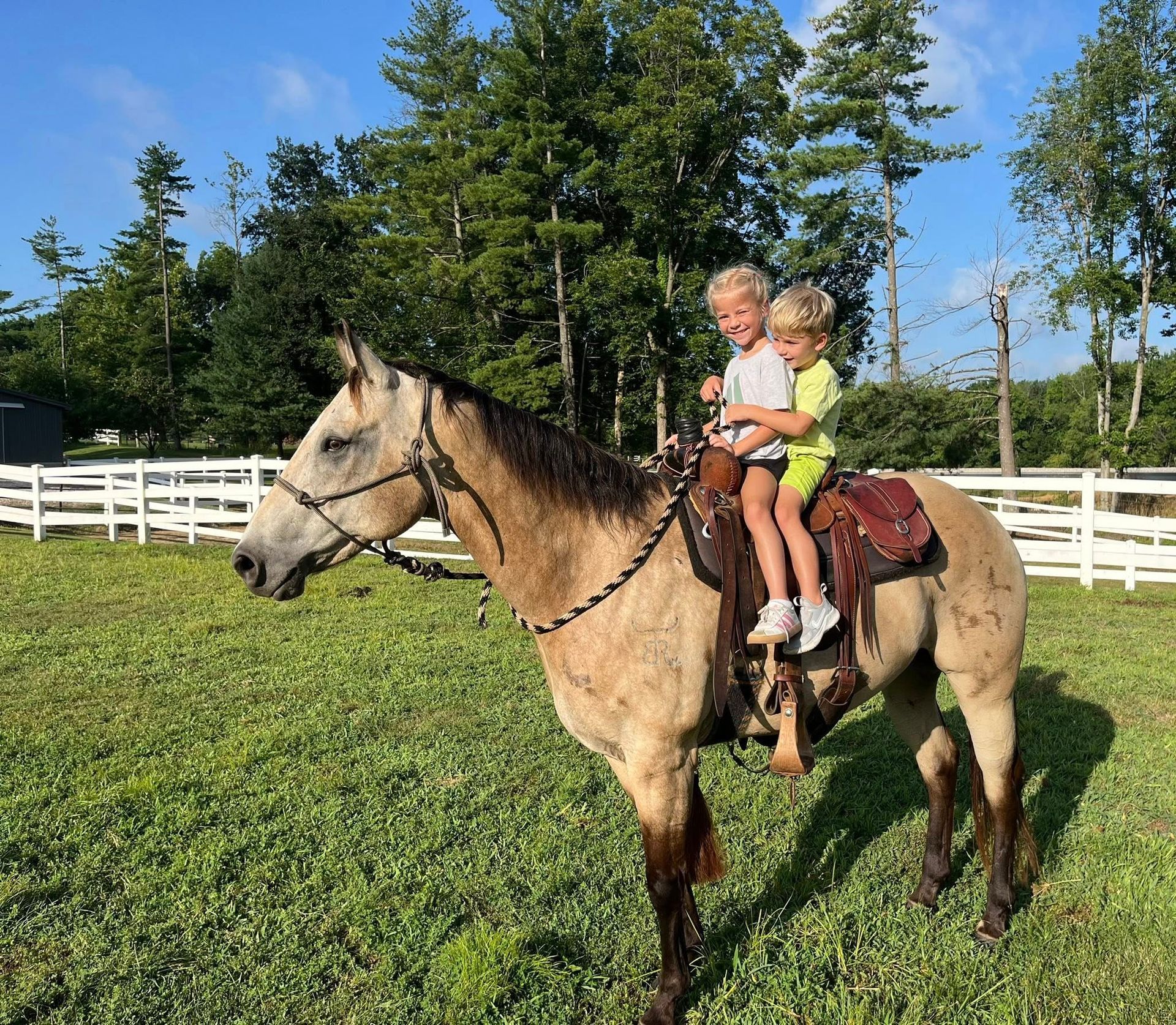 Two young children ride a tan horse in a grassy field. White fence and trees in background.